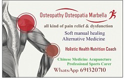 If you suffer from neck or back pain or if you have digestive problems, muscle or joint pain, tendonitis, headaches, depression, sports injuries (ankle, knee, etc.), overweight, arthritis, osteoarthritis, sciatica, stress, lumbago, torticollis, sinusitis, constipation, chronic fatigue, herniated disc, respiratory insufficiency, post covid reeducation , pneumonia, asthma,bronchitis. Give Patrick a chance to help you quickly …take appointment via WhatsApp  691320710  area consultation : Marbella Mijas Costa.